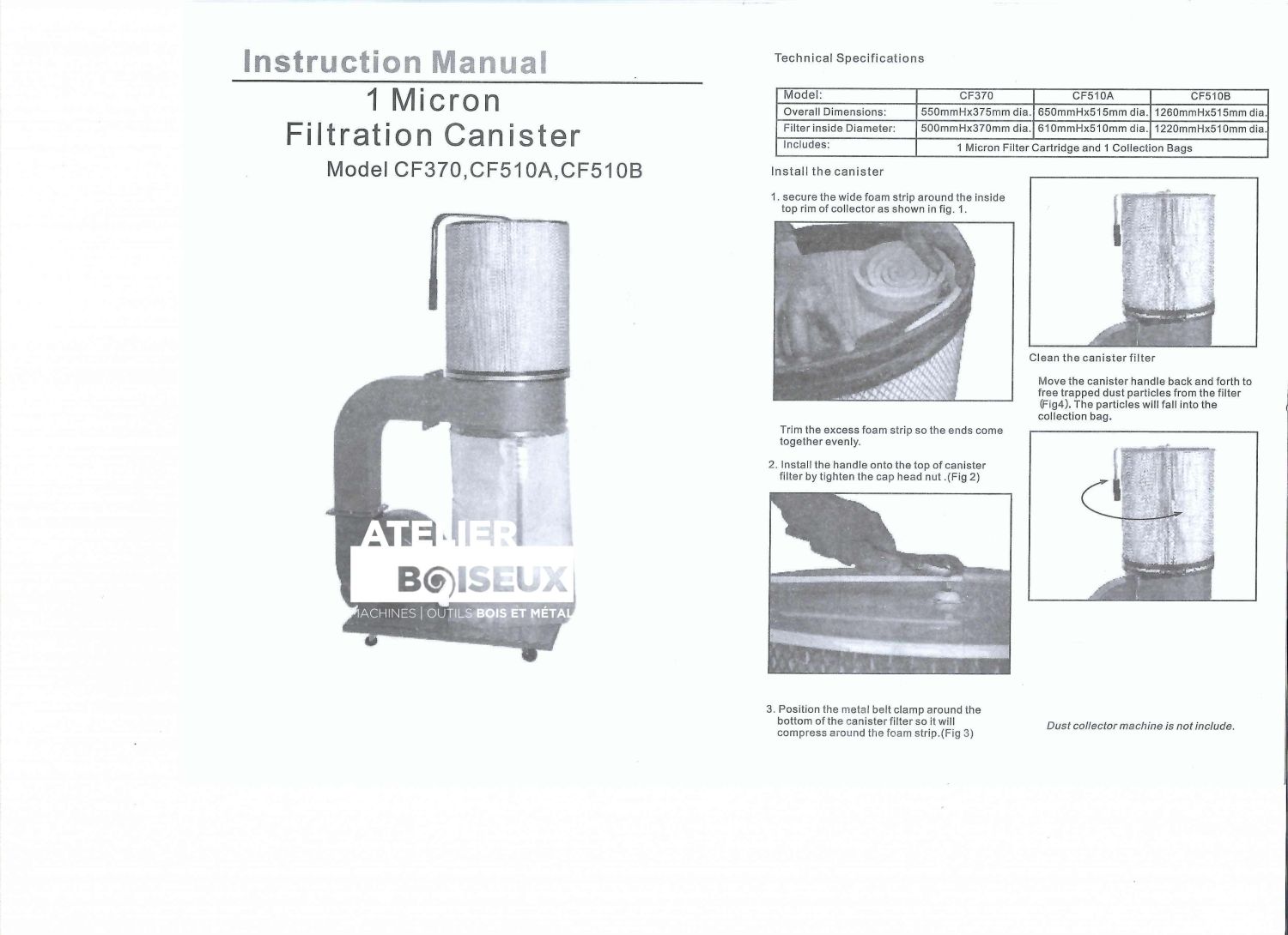 Méthode d'installation de la cartouche de filtration pour aspirateur à copeaux LEMAN ASP152