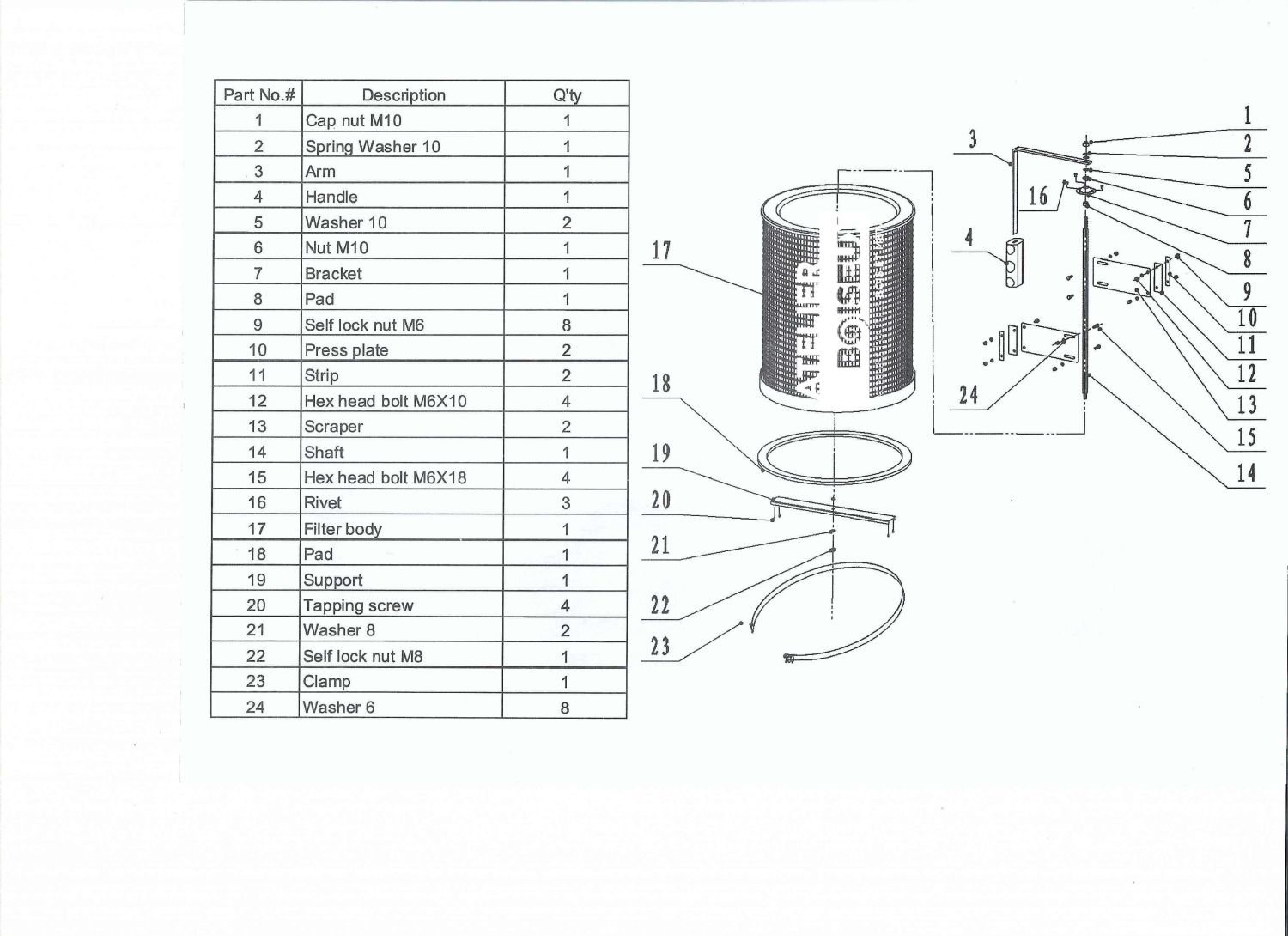 Vue éclatée de la cartouche de filtration pour aspirateur à copeaux LEMAN ASP152